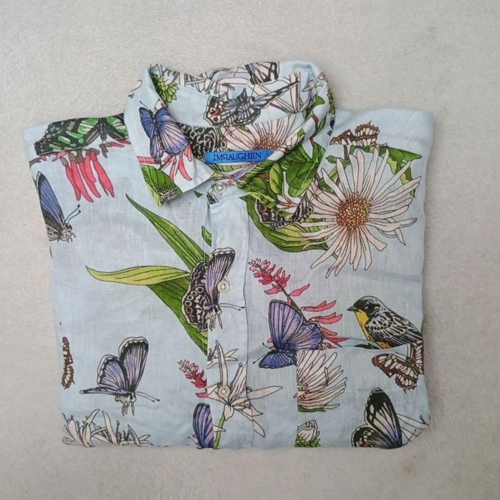J. McLaughlin Shirt Mens M Blue Floral Button-Up Linen Bird Butterfly Hawaiian